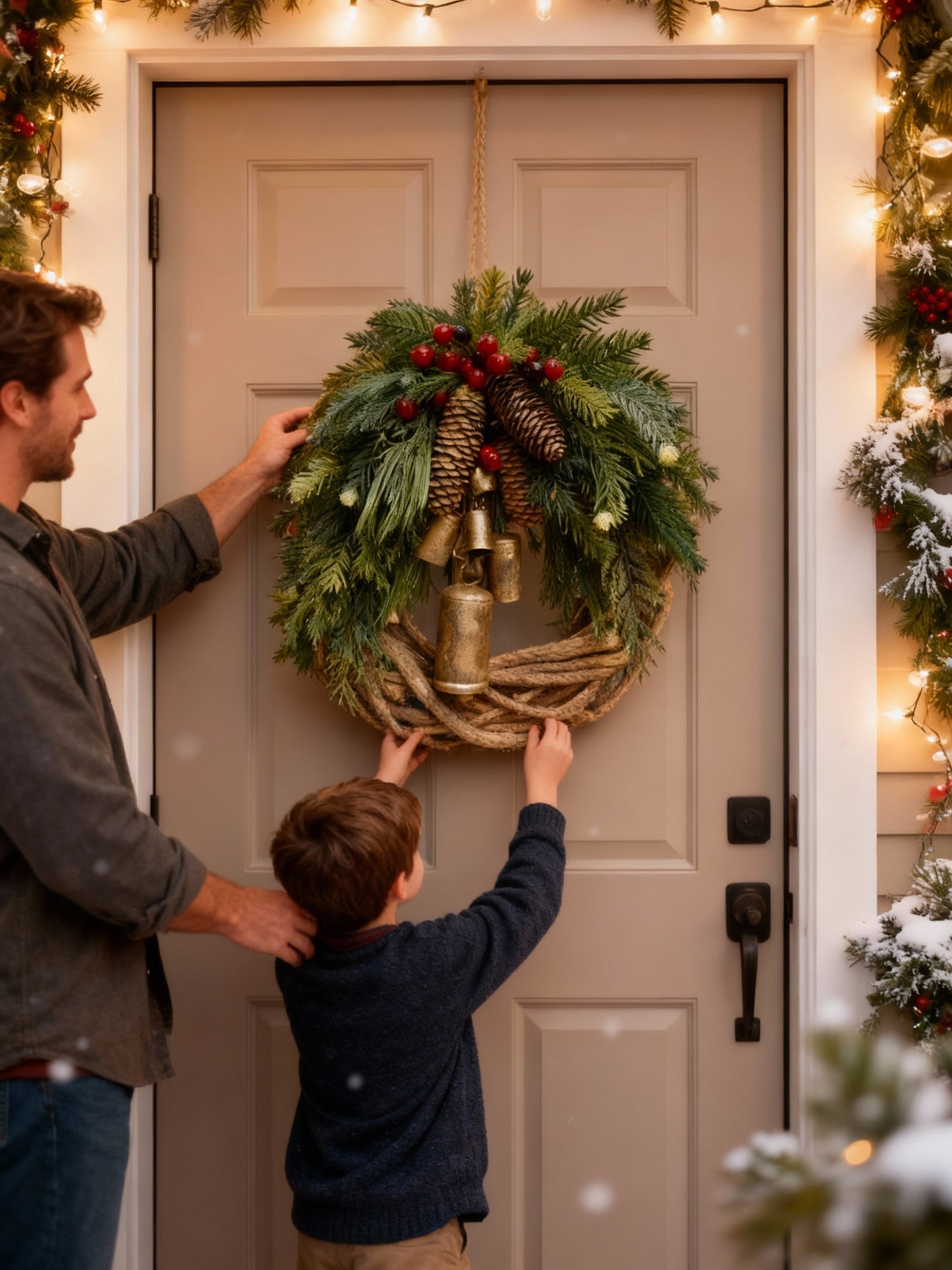 Glevato | Handmade Bohemian Winter Wreath | Bells, Pinecones & Berries | 43 cm | Indoor/Outdoor
