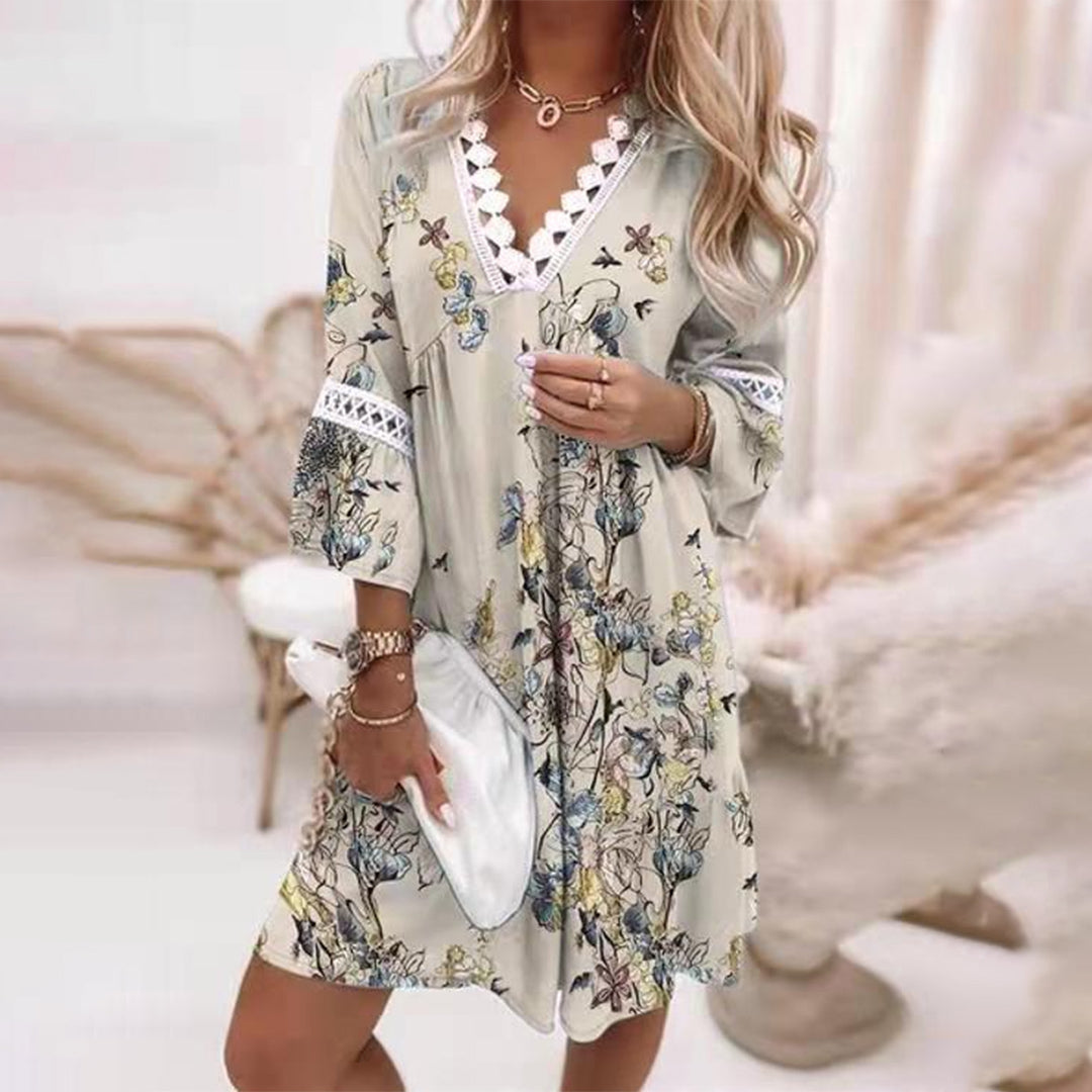 Glevato | Women's Boho V-Neck Mini Dress with Crochet Trim