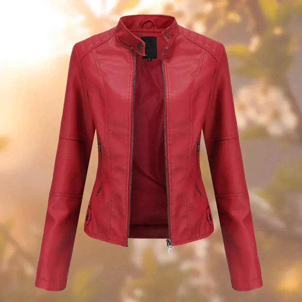Glevato | Women's Faux Leather Moto Jacket with Stand Collar