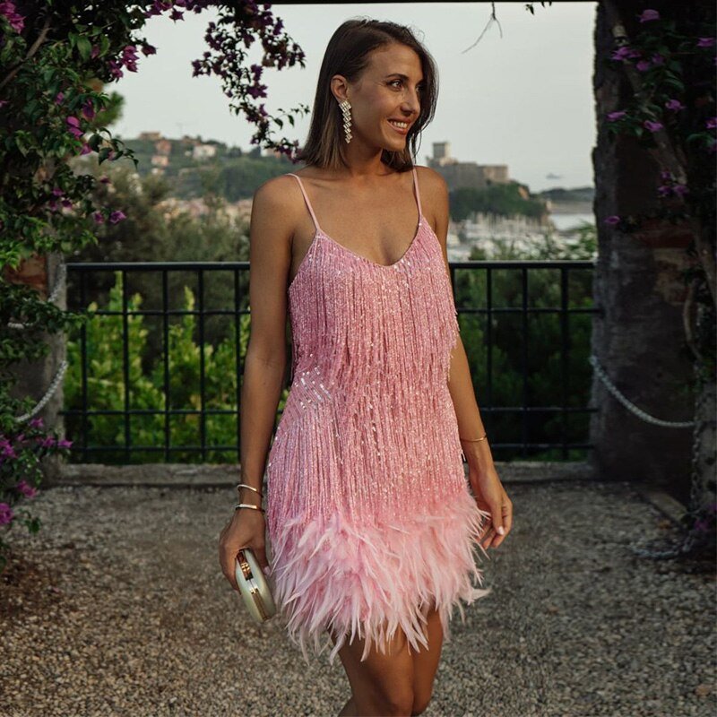 Glevato | Women's Feather Fringe Mini Dress