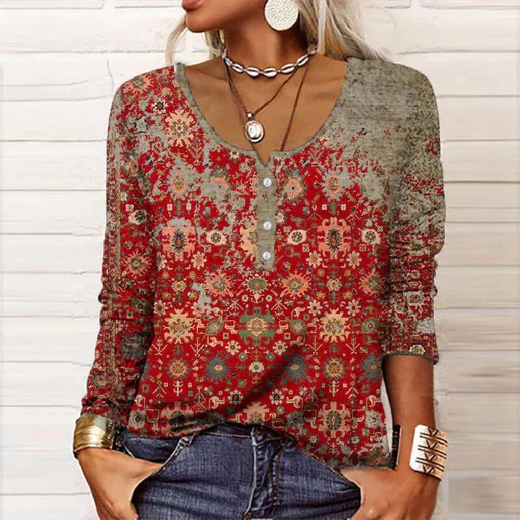 Glevato | Women's Henley Top - Vintage Bohemian Print