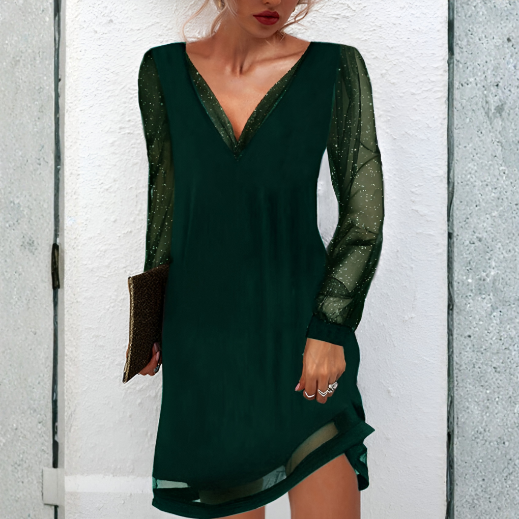Glevato | Women's Mesh Sleeve V-Neck Sheath Dress