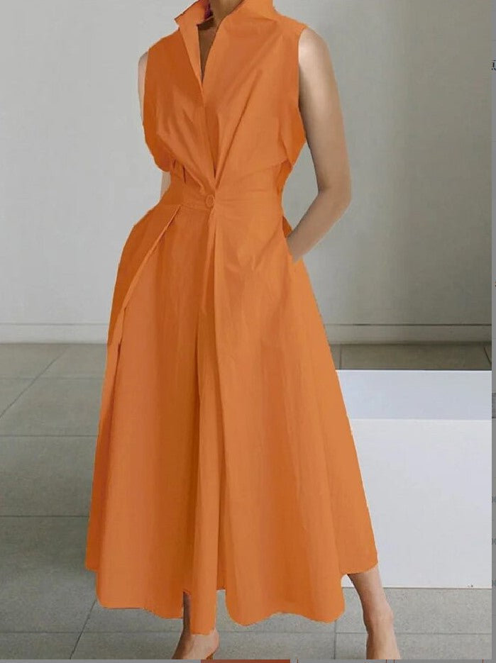 Glevato | Women's Sleeveless Lapel Midi Dress