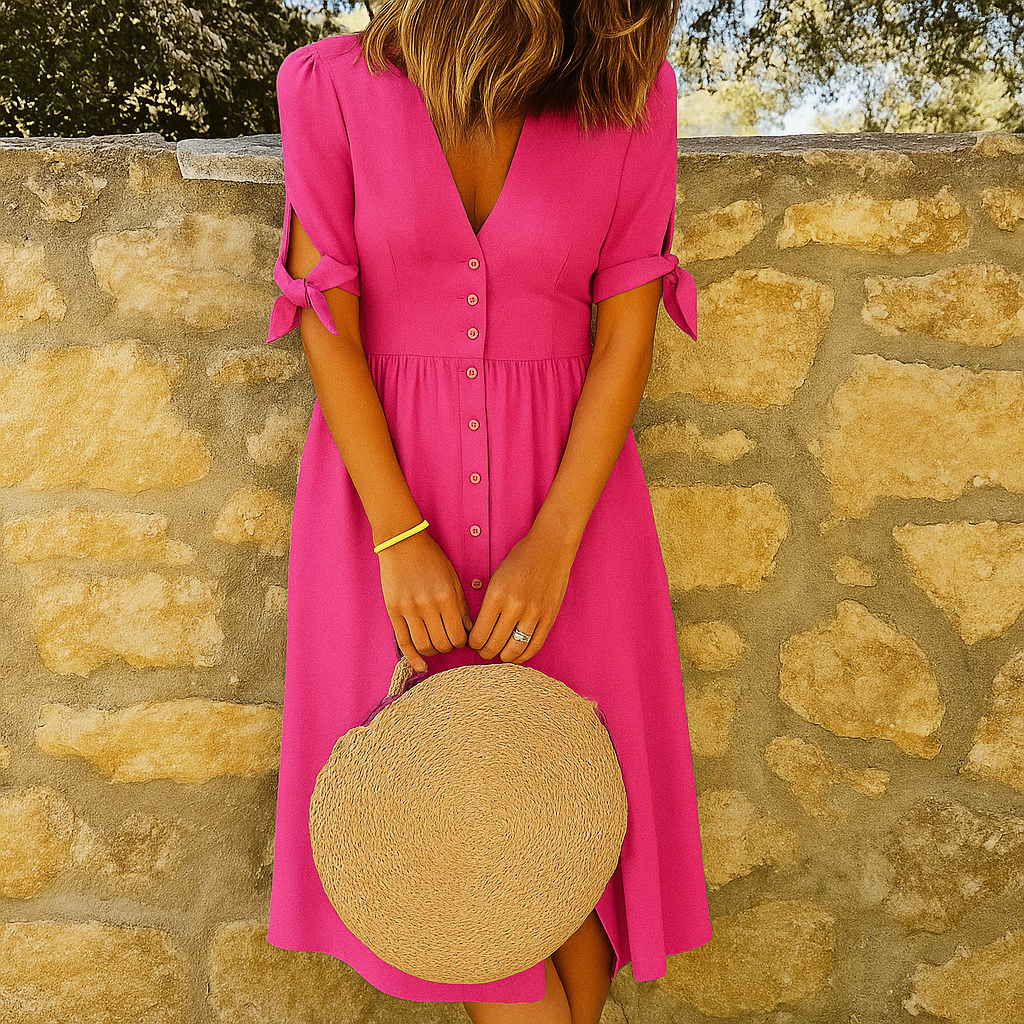 Glevato | Women's V-Neck Button Midi Dress with Bow Sleeves