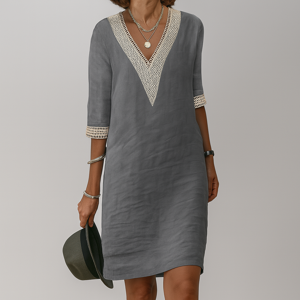 Glevato | Women's V-Neck Crochet Trim Linen Blend Dress