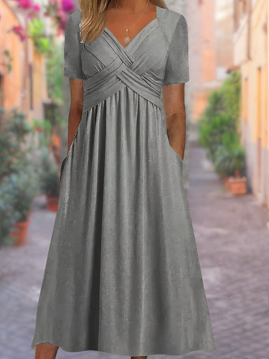 Glevato | Women's V-Neck Midi Dress with Smocked Bodice
