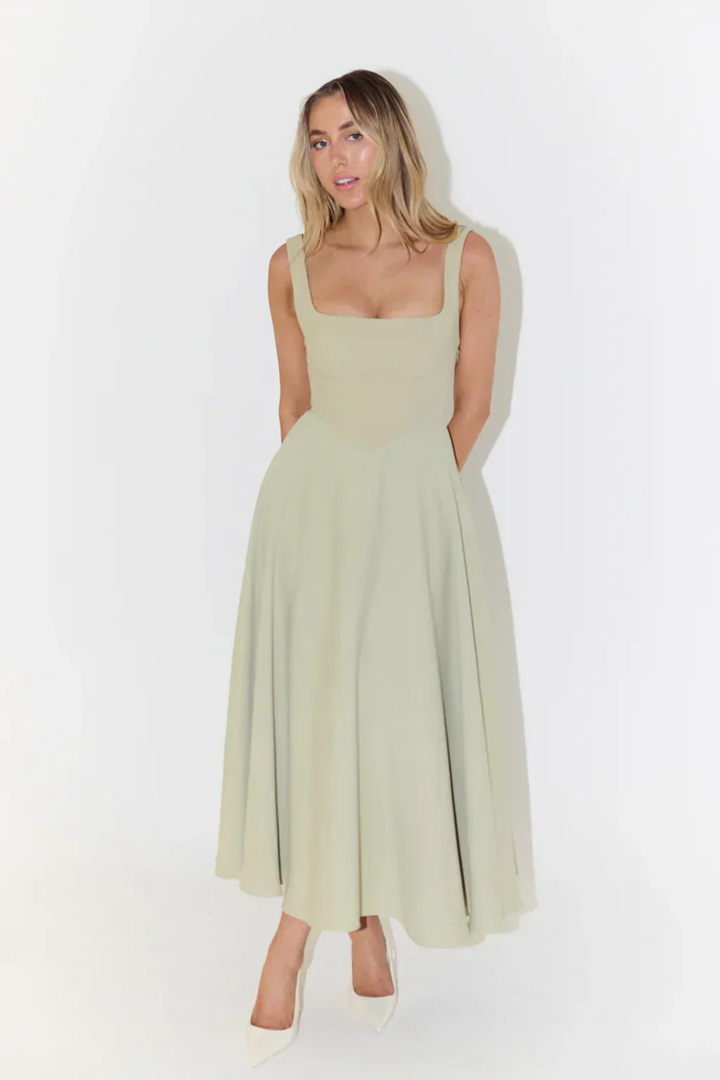Midi Dress with High Waist and Square Neckline