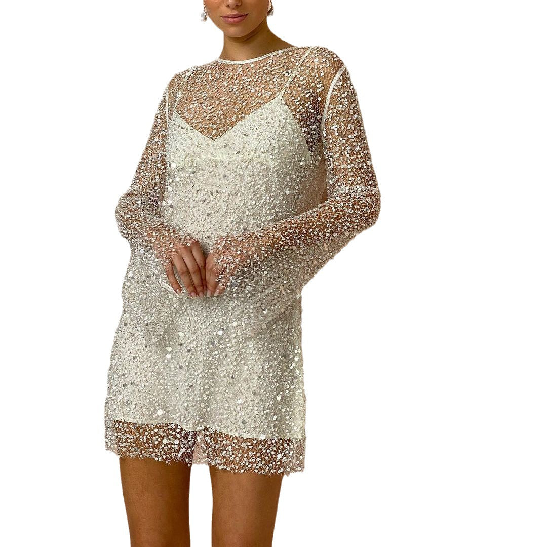 Clémence | Beaded mesh dress with straps for winter