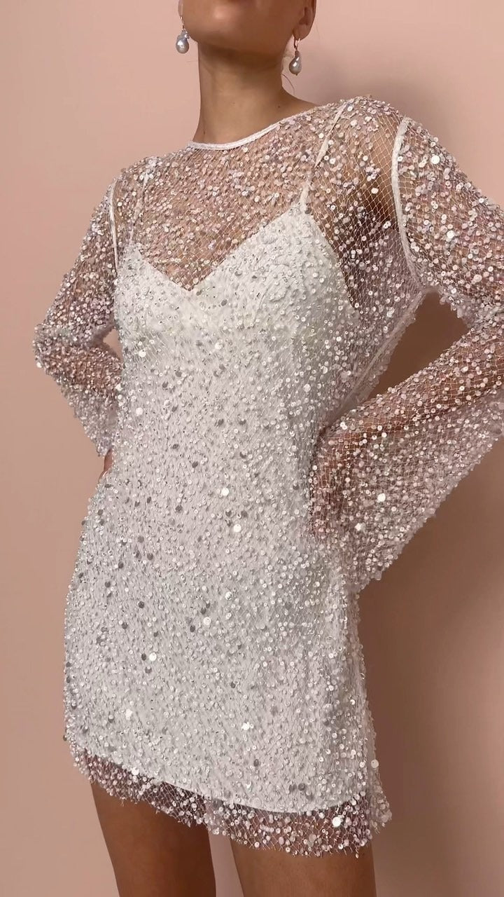 Clémence | Beaded mesh dress with straps for winter