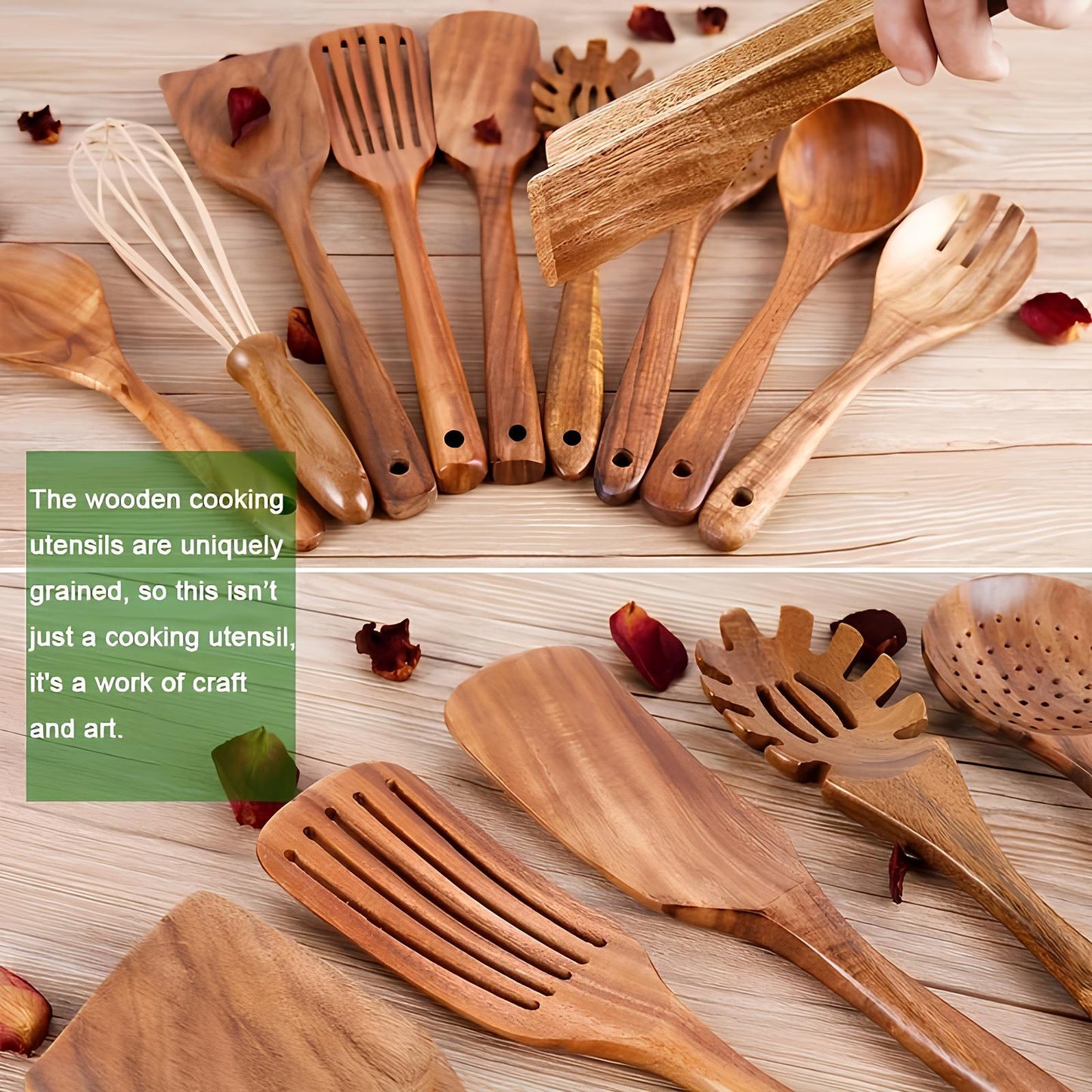 Glevato | 11-Piece Teak Kitchen Utensil Set | With Holder | Natural Wood