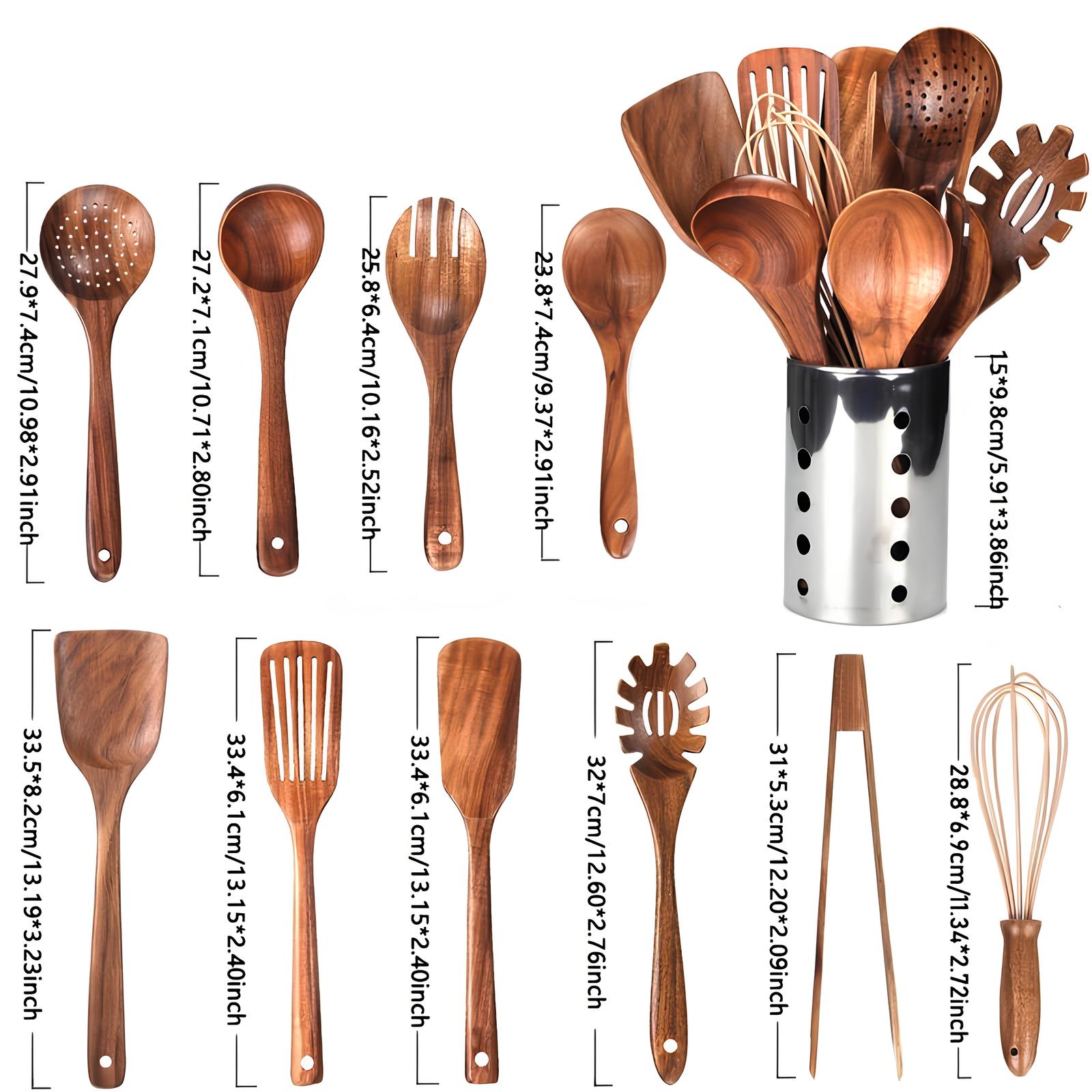 Glevato | 11-Piece Teak Kitchen Utensil Set | With Holder | Natural Wood