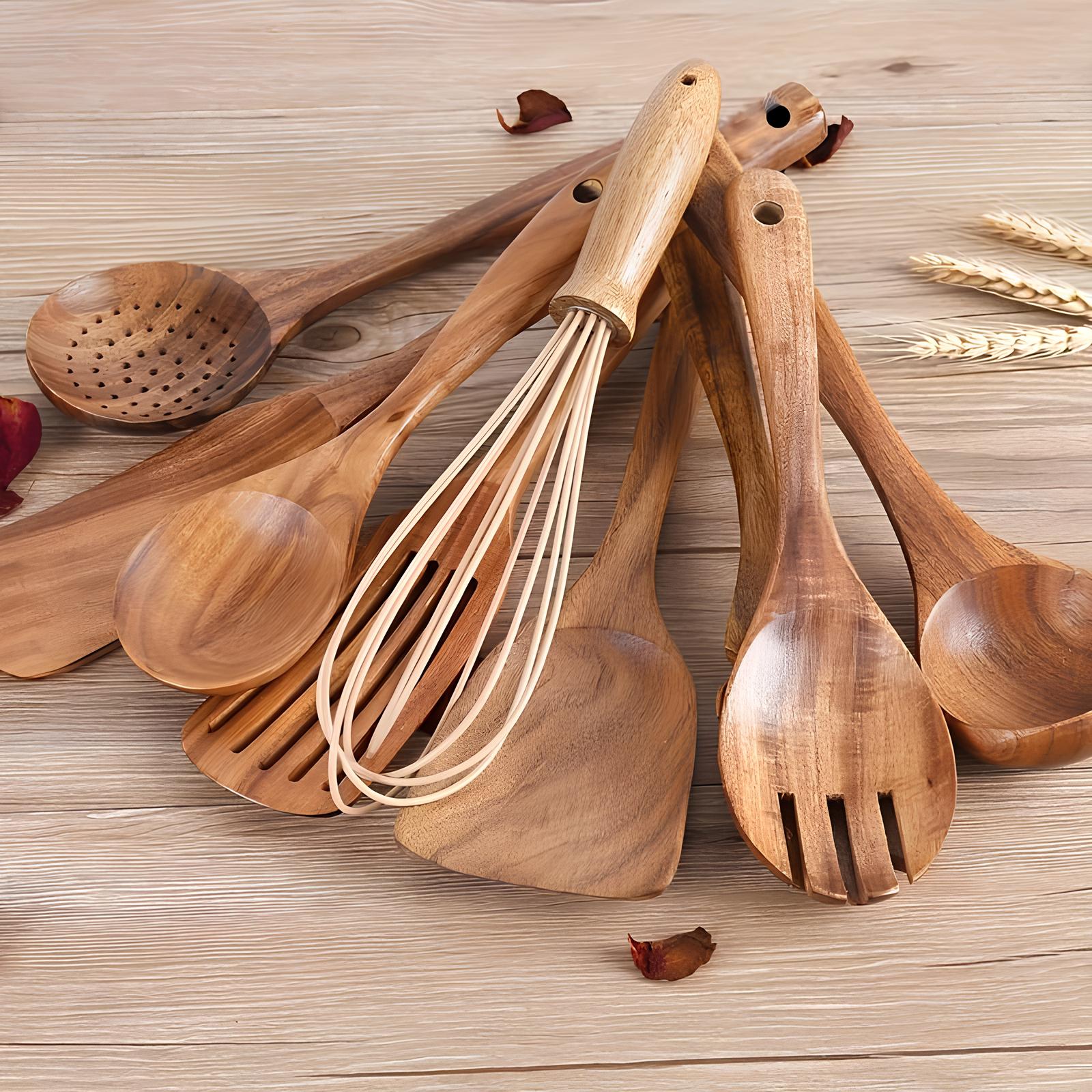 Glevato | 11-Piece Teak Kitchen Utensil Set | With Holder | Natural Wood
