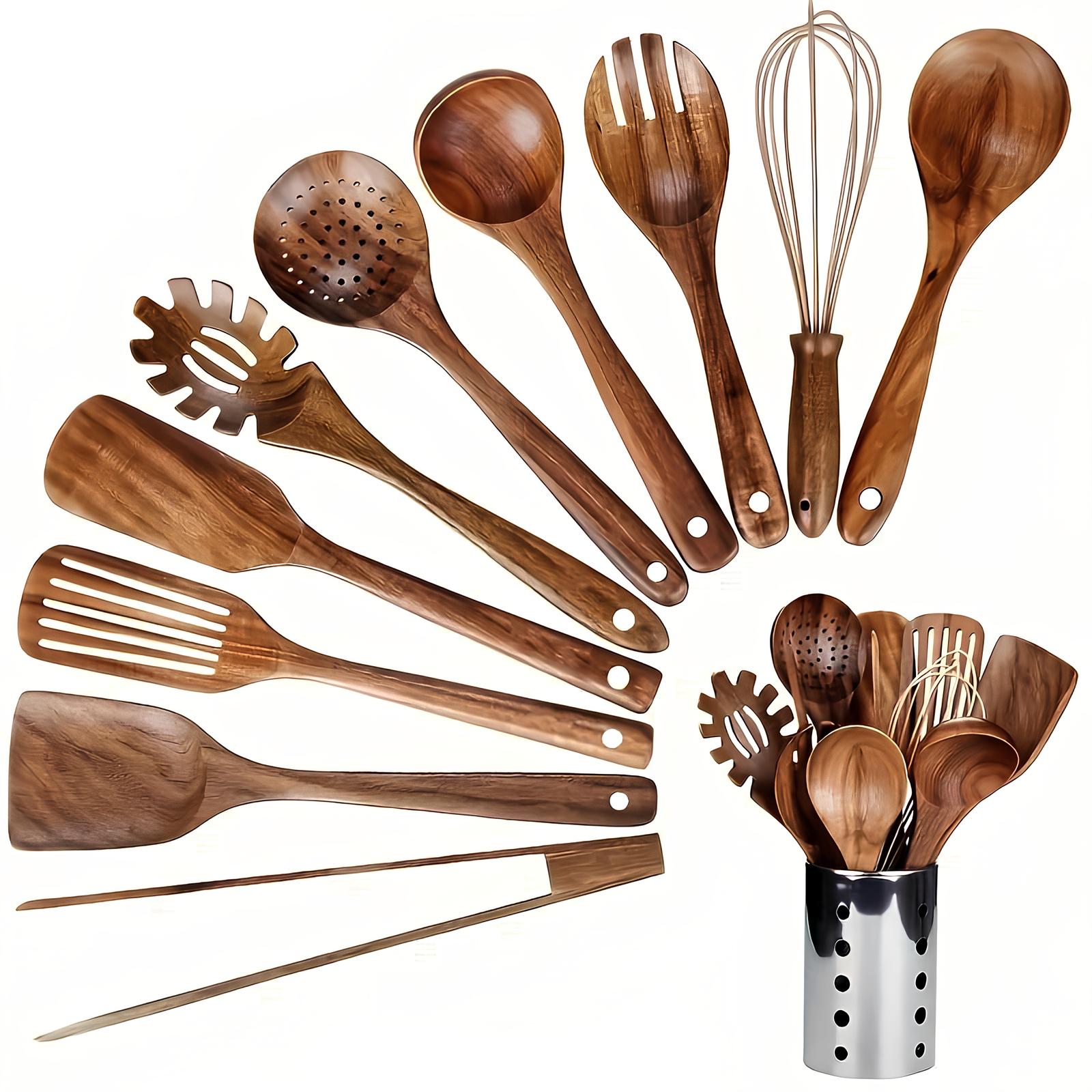 Glevato | 11-Piece Teak Kitchen Utensil Set | With Holder | Natural Wood