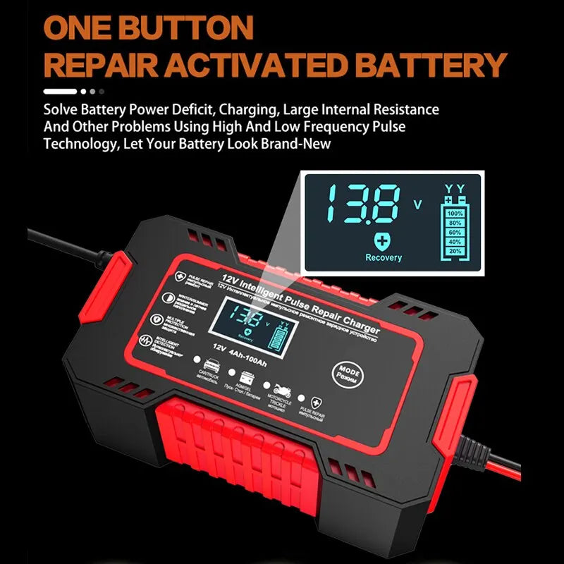 Glevato | 12V 6A Smart Car Battery Charger | Pulse Repair, LCD Screen & Fast Charging for AGM, Gel & Lead Acid Batteries