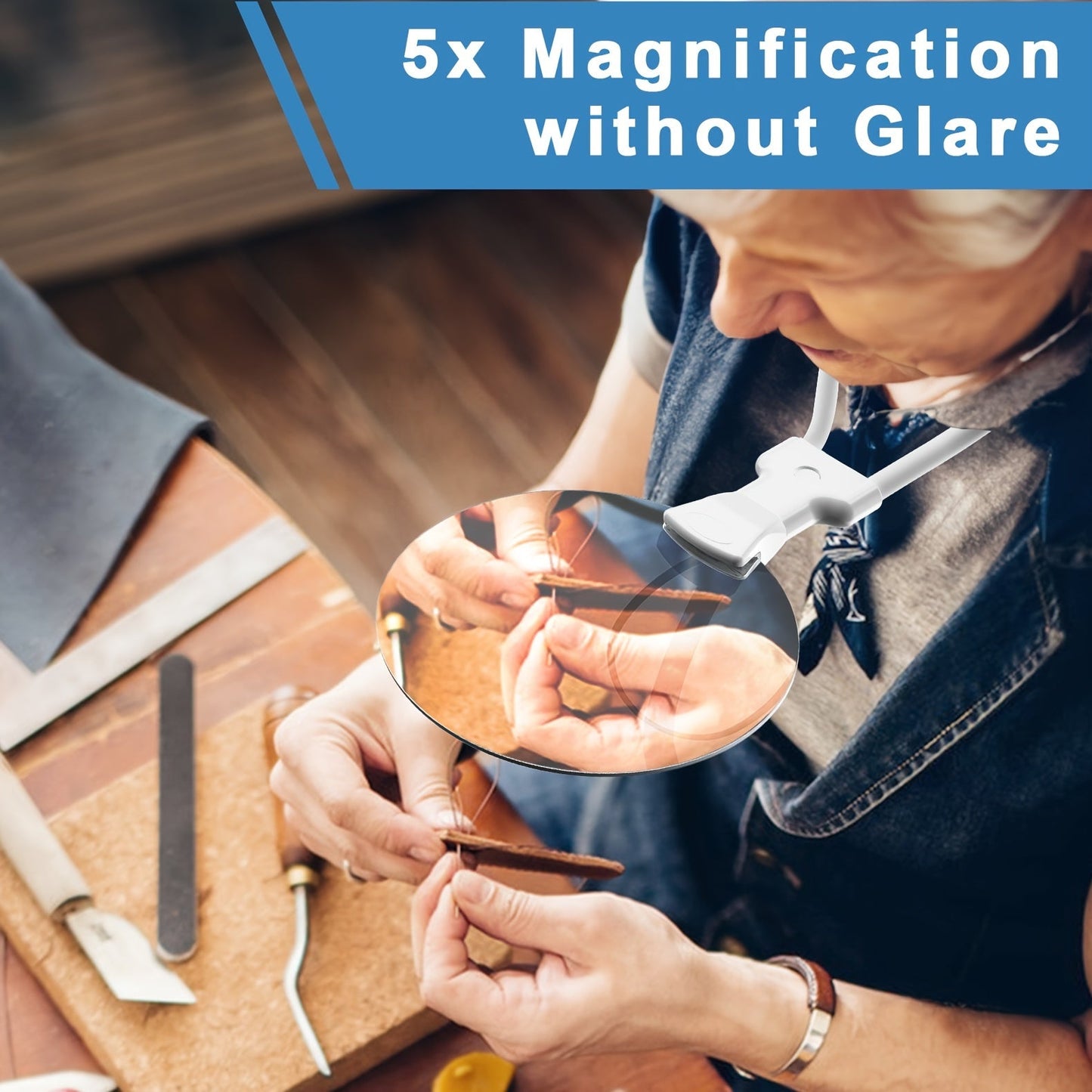 Glevato | 5X Magnifying Glass Pro – Hands-Free Adjustable Neck Loupe for the Elderly and Visually Impaired – Perfect for Reading, Sewing, Crafting, and Inspection