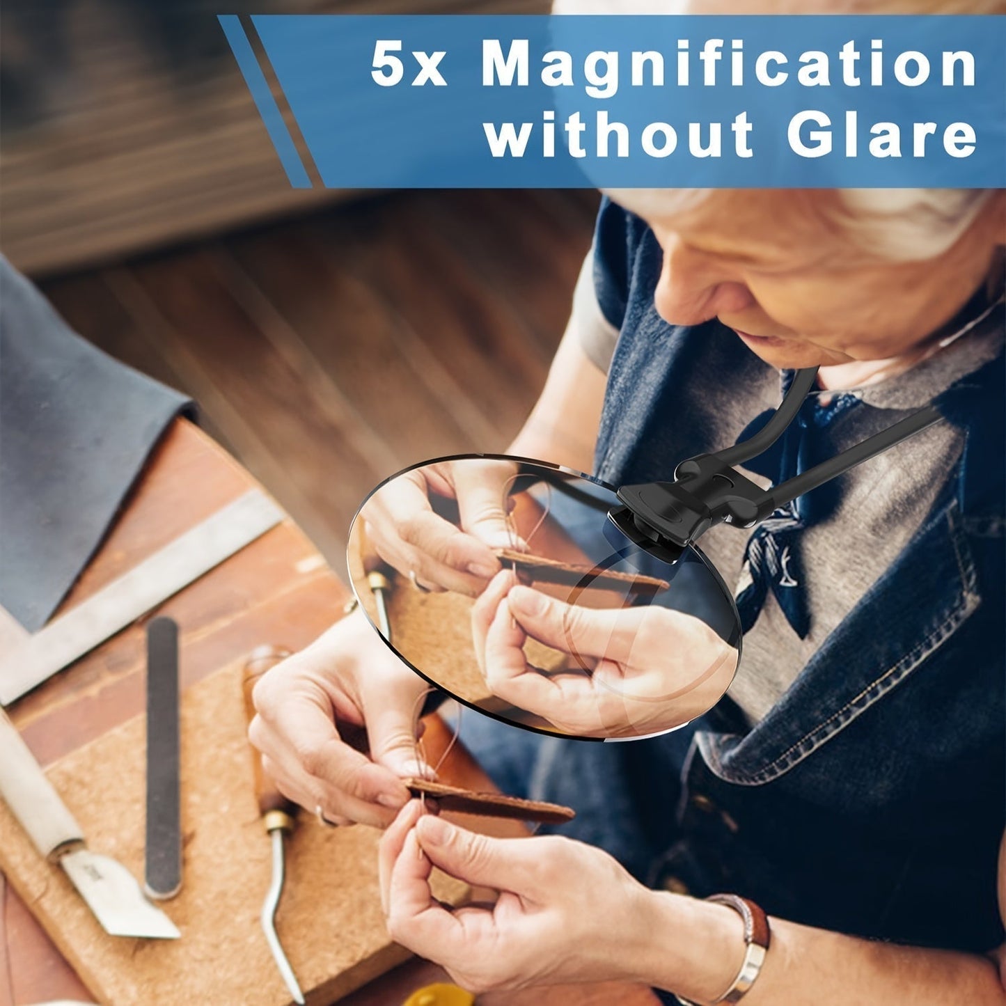 Glevato | 5X Magnifying Glass Pro – Hands-Free Adjustable Neck Magnifier for Seniors and Visually Impaired – Perfect for Reading, Sewing, Crafting, and Inspection