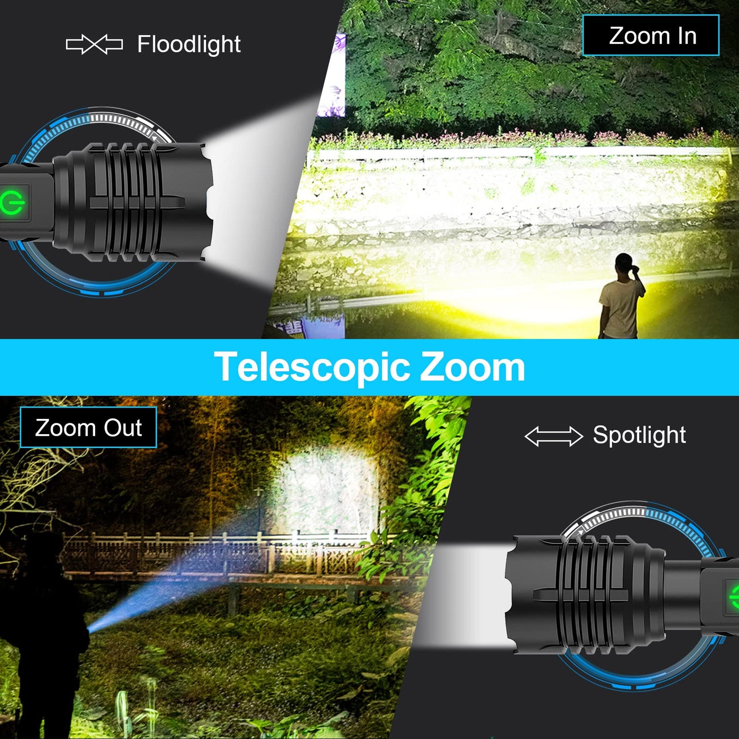 Glevato | Banral 100000 Lumen Rechargeable Pocket Flashlight, IPX6 Waterproof, 5 Modes, Zoomable, Aluminum