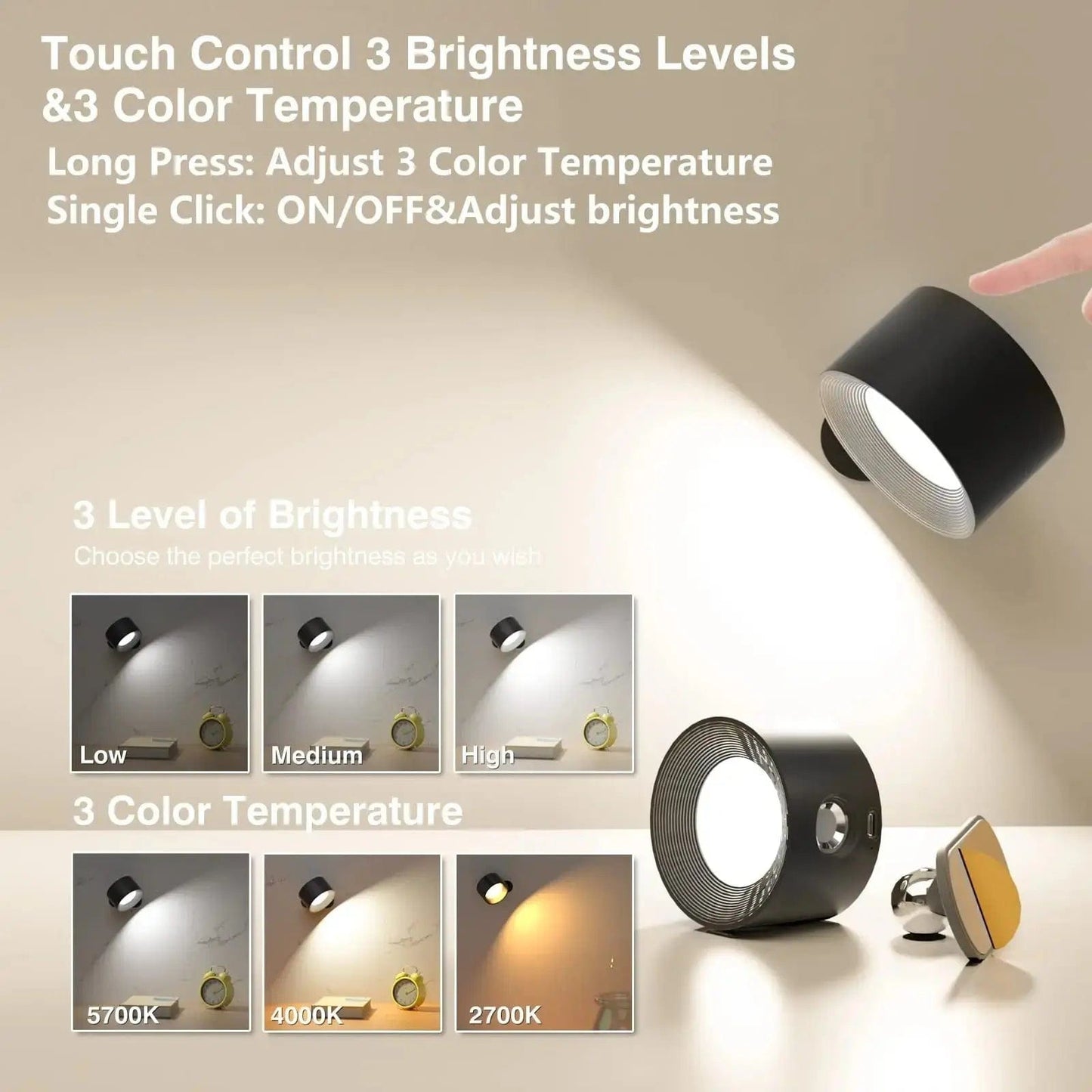 Glevato | Battery-Powered Wall Lamp | Rechargeable, 360° Adjustable and Wireless for Bedrooms, Hallways, and Reading Corners