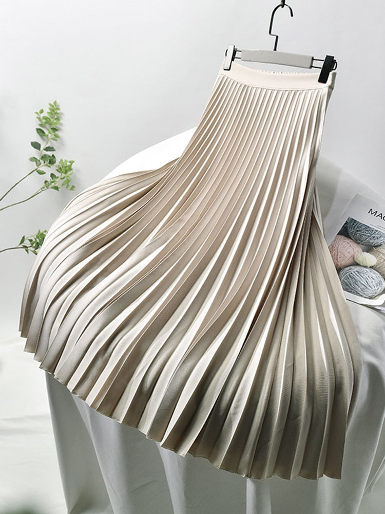 Glevato Brand Designer Women's Elegant Chic Solid Pleated Skirt High Waist Luxury Fashion
