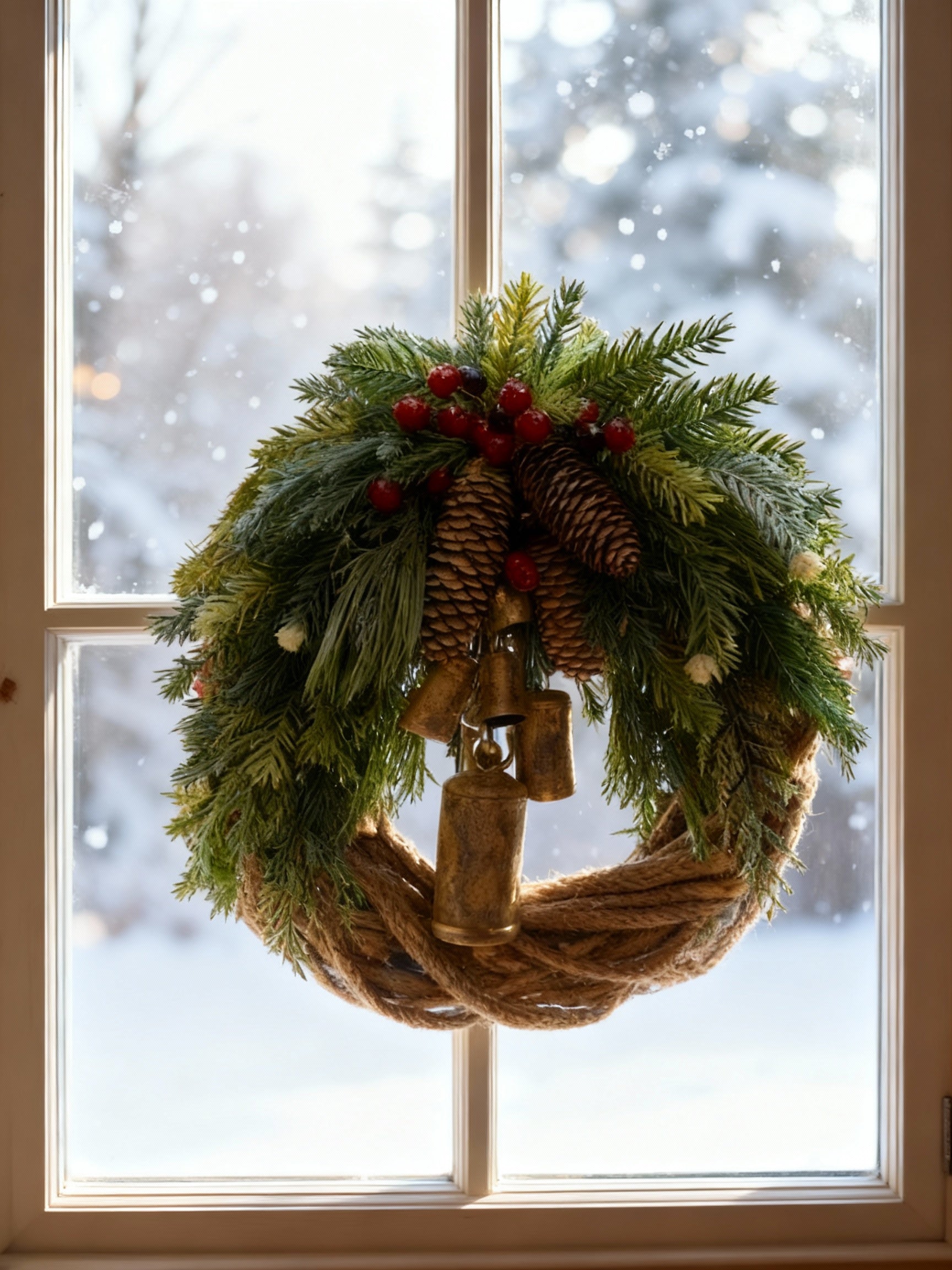 Glevato | Handmade Bohemian Winter Wreath | Bells, Pinecones & Berries | 43 cm | Indoor/Outdoor