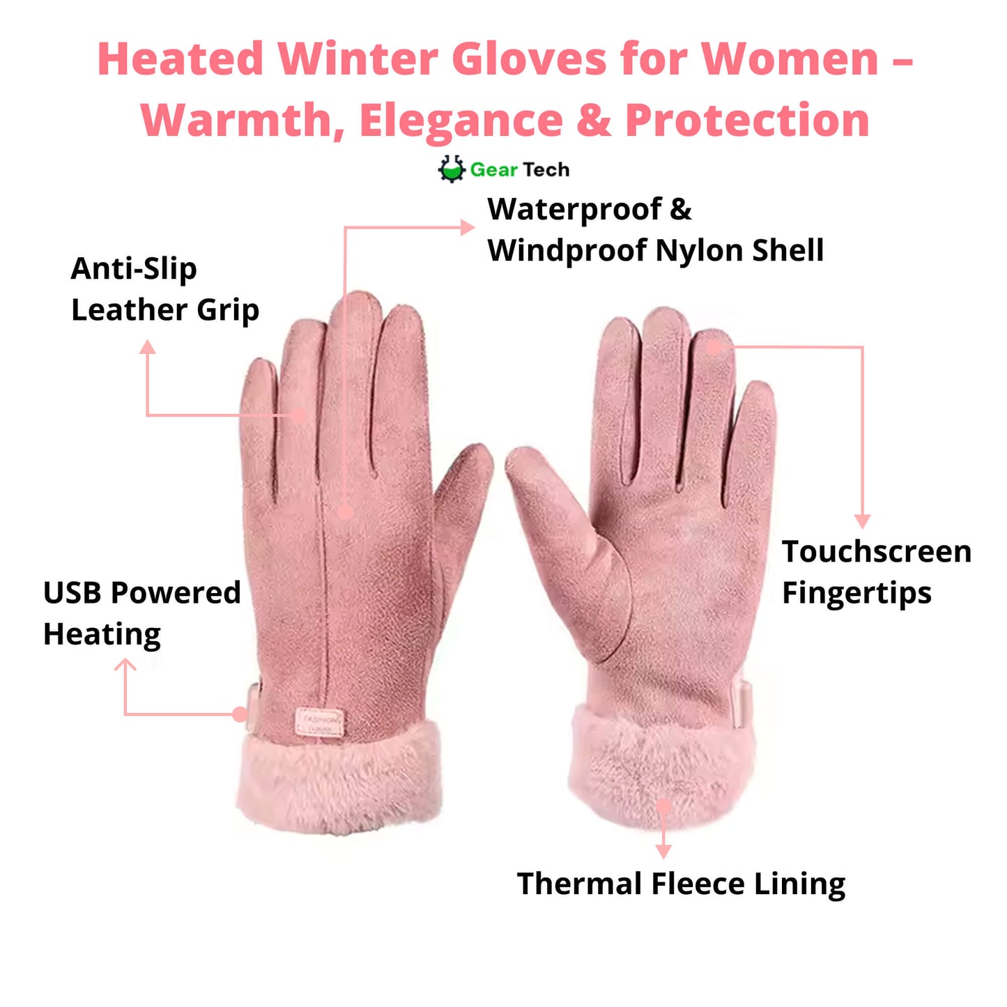 Glevato | Heated Gloves for Women UK – Women's Thermal Waterproof Winter Gloves with Touchscreen & USB Rechargeable Warm Design