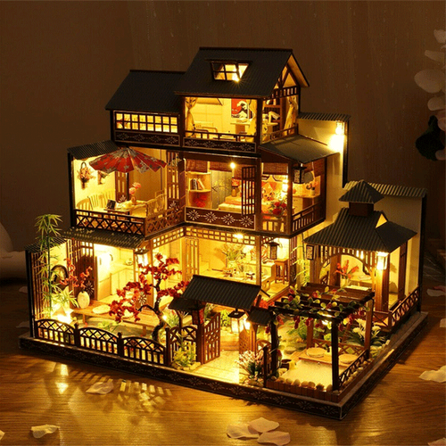 Glevato | Large Realistic Wooden Dollhouse with LED Lights | DIY Miniature Playhouse
