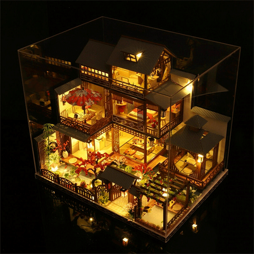 Glevato | Large Realistic Wooden Dollhouse with LED Lights | DIY Miniature Playhouse