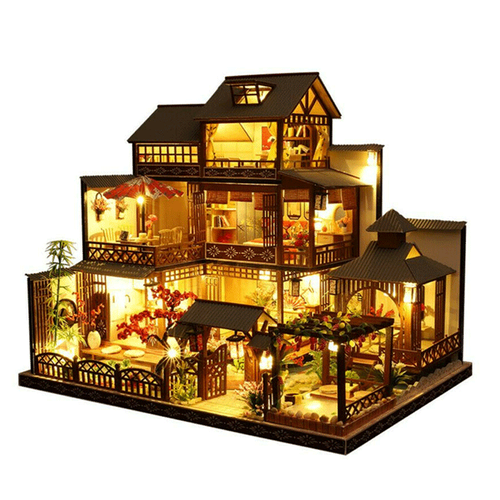 Glevato | Large Realistic Wooden Dollhouse with LED Lights | DIY Miniature Playhouse