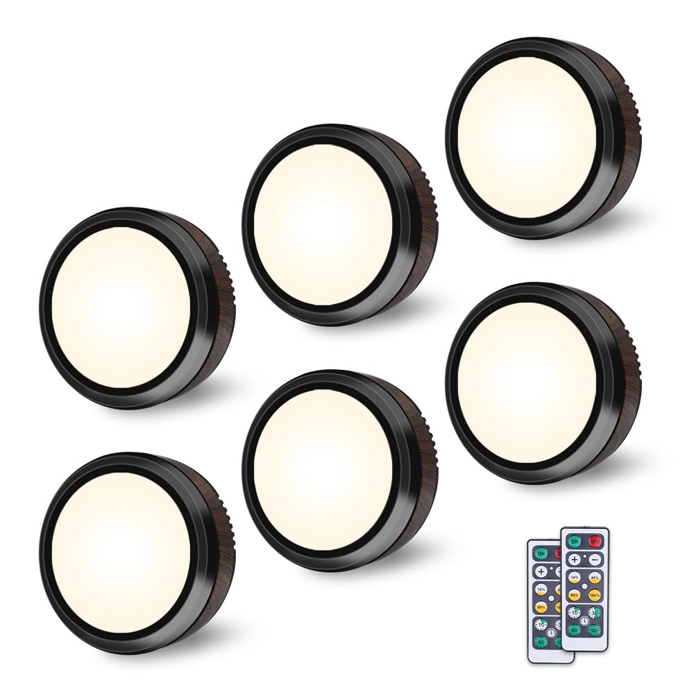 Glevato | Leastyle Remote Control LED Puck Light, Dimmable Battery-Powered Under Cabinet Light - 6 Pack Natural White