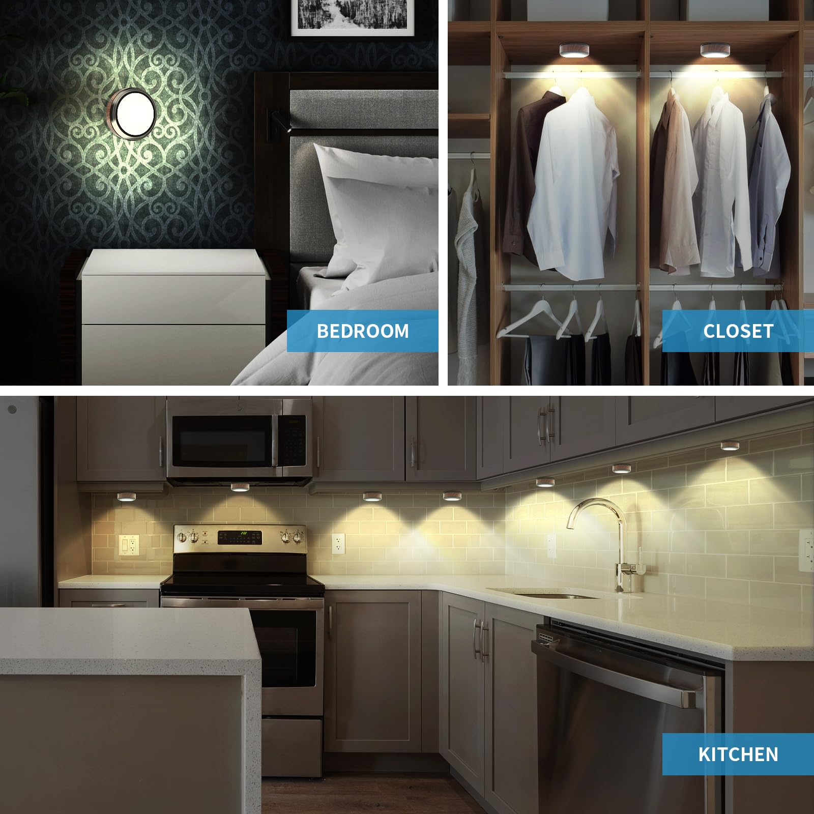 Glevato | Leastyle Remote Control LED Puck Light, Dimmable Battery-Powered Under Cabinet Light - 6 Pack Natural White