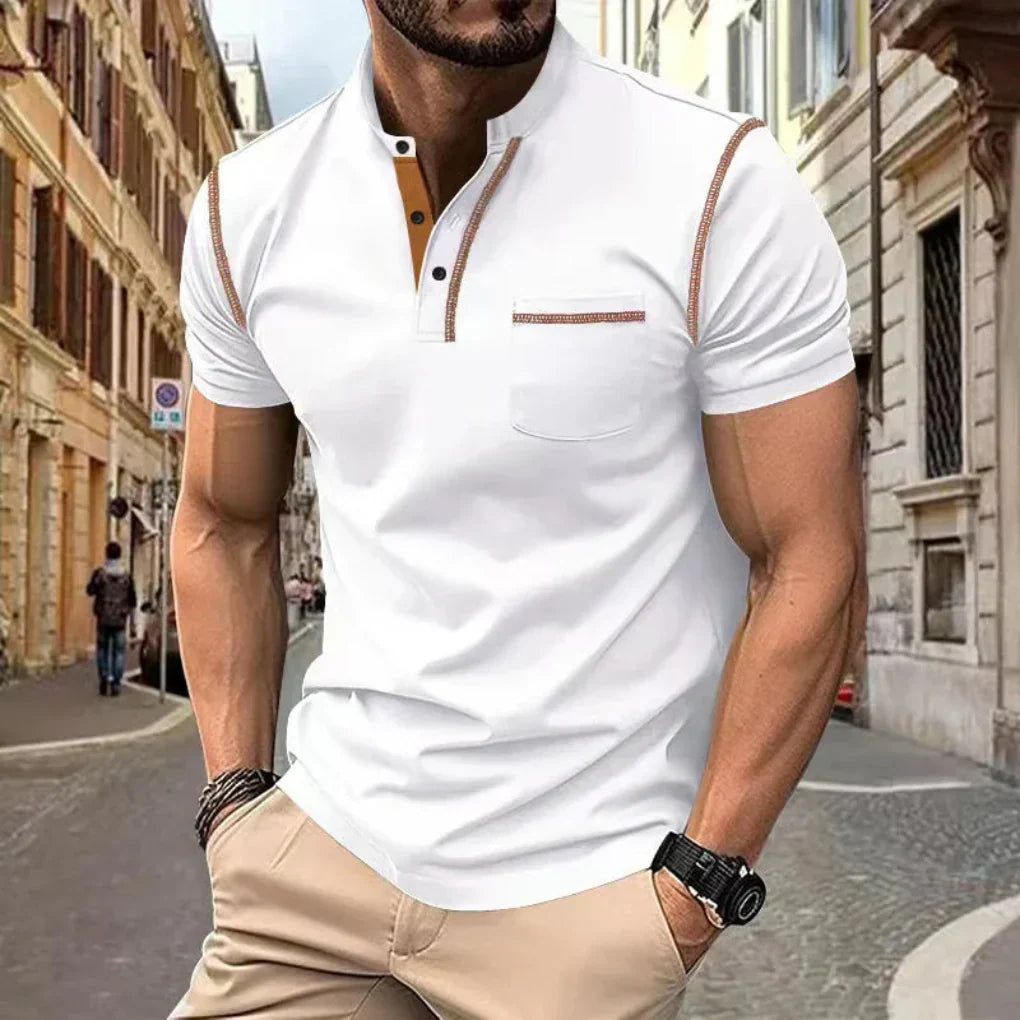 Glevato | Men's Band Collar Polo Shirt with Pocket Detail