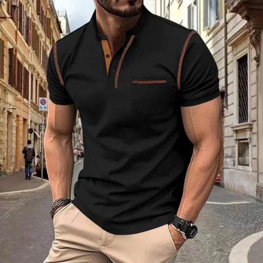 Glevato | Men's Band Collar Polo Shirt with Pocket Detail
