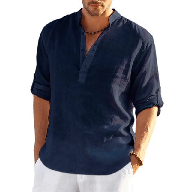 Glevato | Men's Mandarin Collar Shirt – Relaxed Fit Long Sleeve Henley