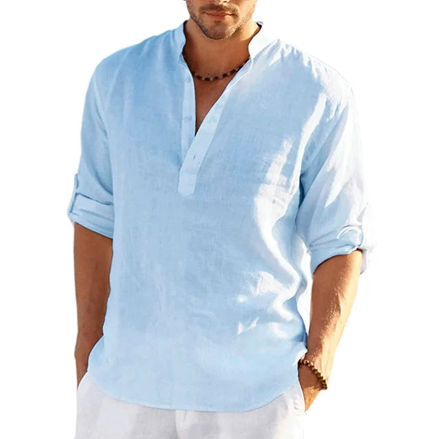 Glevato | Men's Mandarin Collar Shirt – Relaxed Fit Long Sleeve Henley