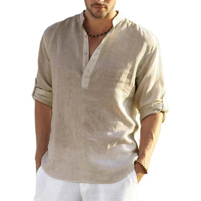 Glevato | Men's Mandarin Collar Shirt – Relaxed Fit Long Sleeve Henley