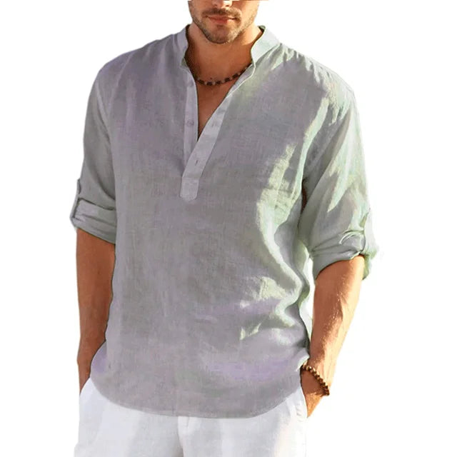 Glevato | Men's Mandarin Collar Shirt – Relaxed Fit Long Sleeve Henley