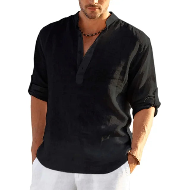 Glevato | Men's Mandarin Collar Shirt – Relaxed Fit Long Sleeve Henley