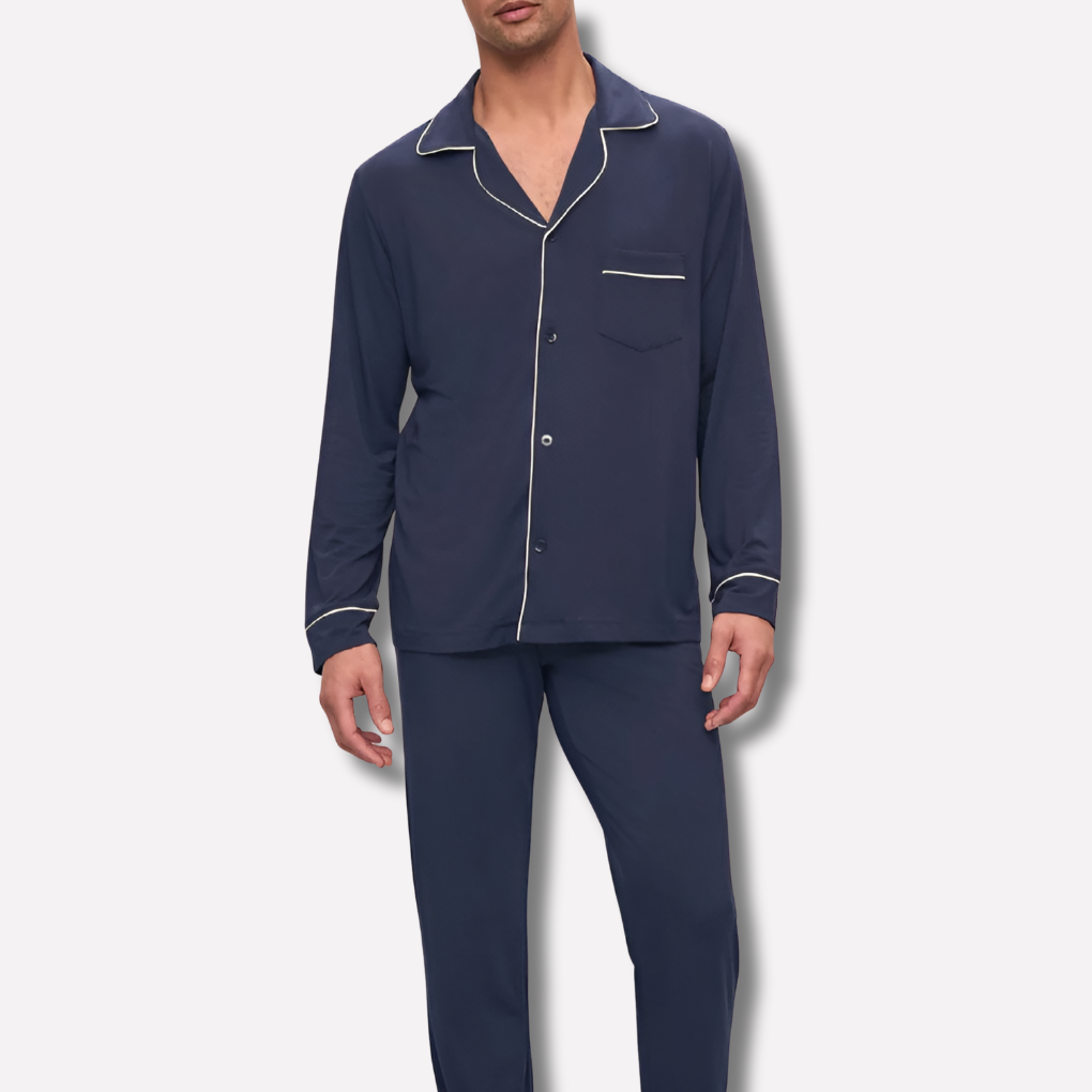Glevato | Men's Piped Pajama Set Long Sleeve Sleepwear