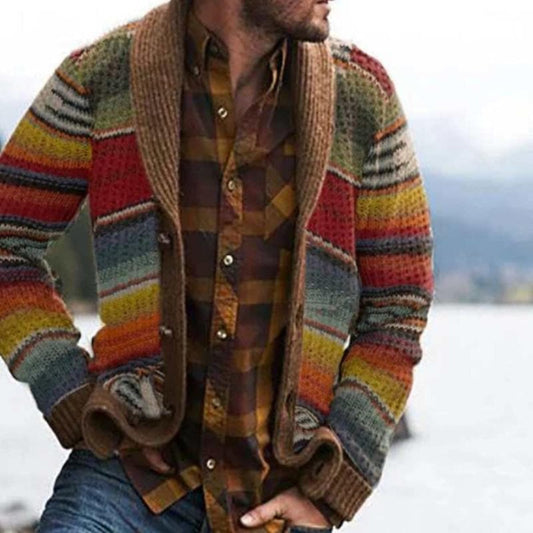 Glevato | Men's Shawl Collar Striped Cardigan Sweater