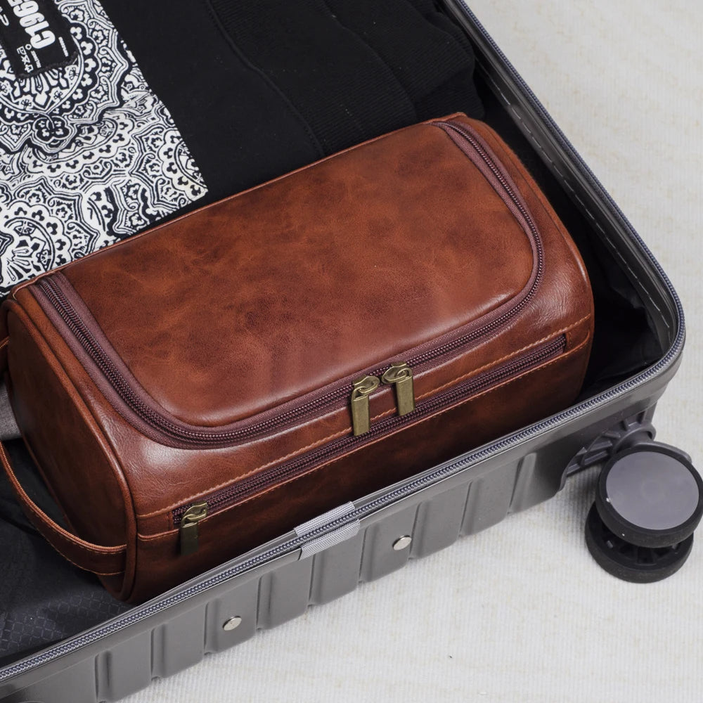 Glevato | Premium Leather Toiletry Bag for Men – Waterproof Hanging Travel Wash Bag