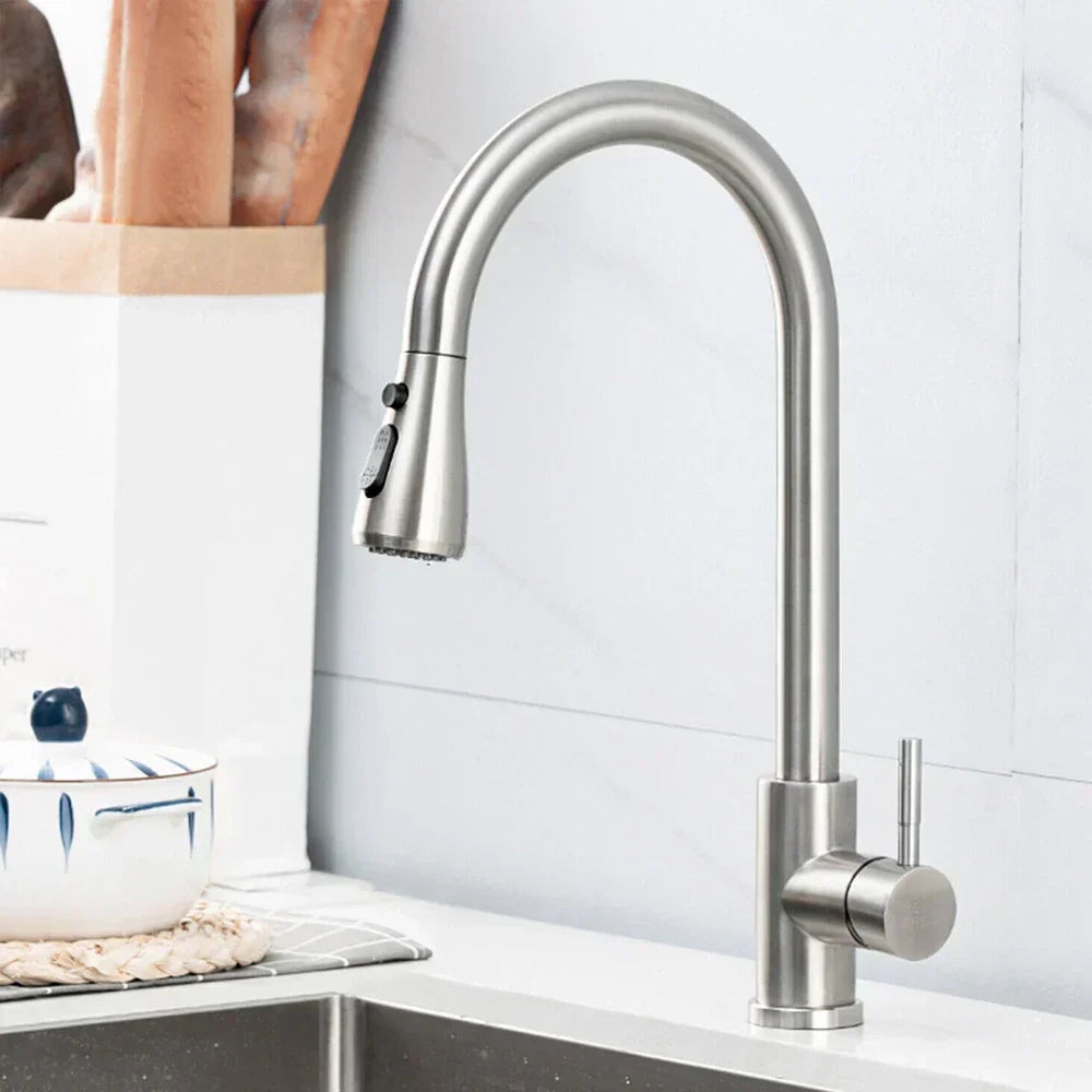 Glevato | Pull-Out Faucet with Single Lever Mixer – Flexible Faucet with Shower Function, High Quality Stainless Steel, Ideal for Modern Kitchens, Easy Installation