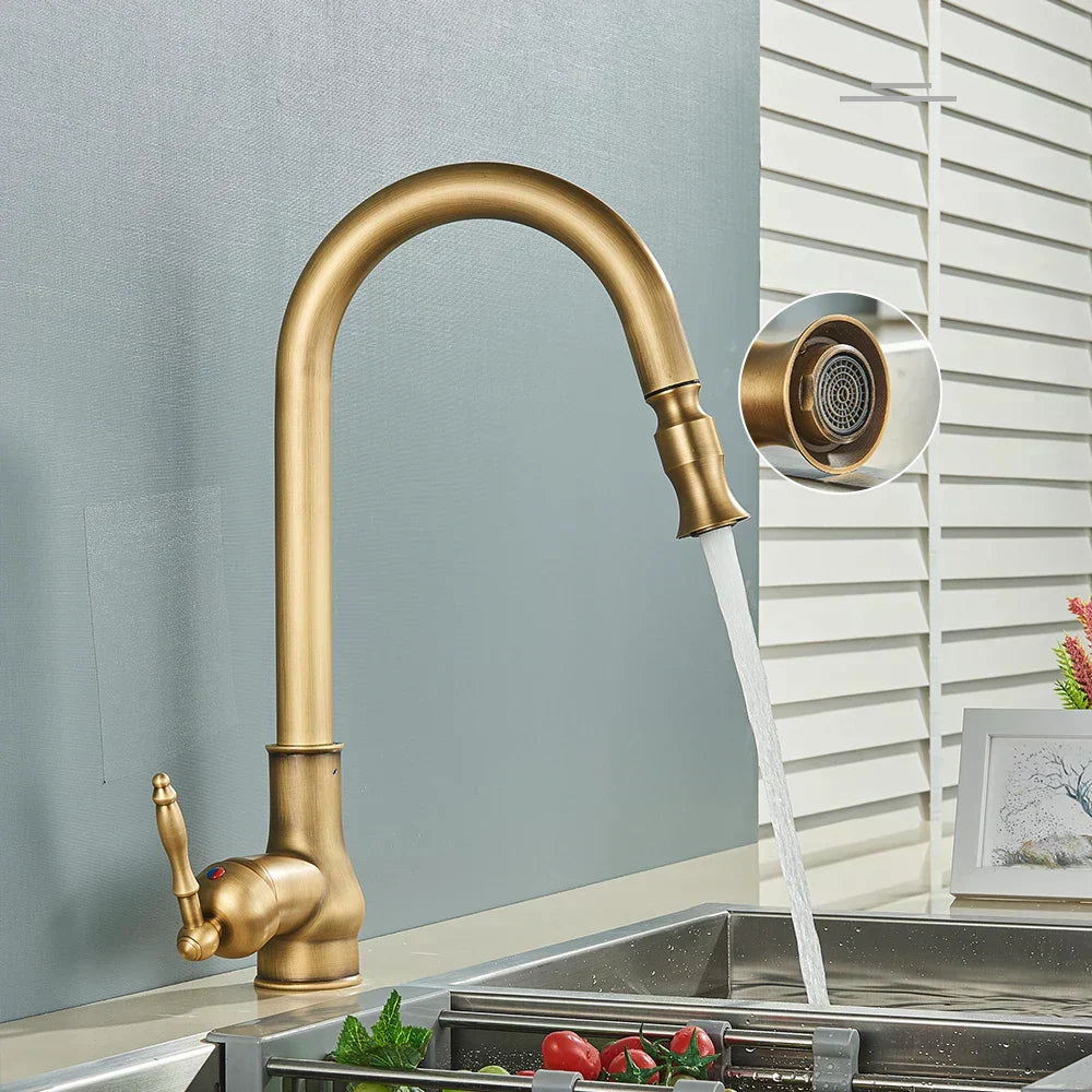 Glevato | VintageTap Antique Brass Kitchen Tap – Retro Style Mixer Faucet with Swivel Spout