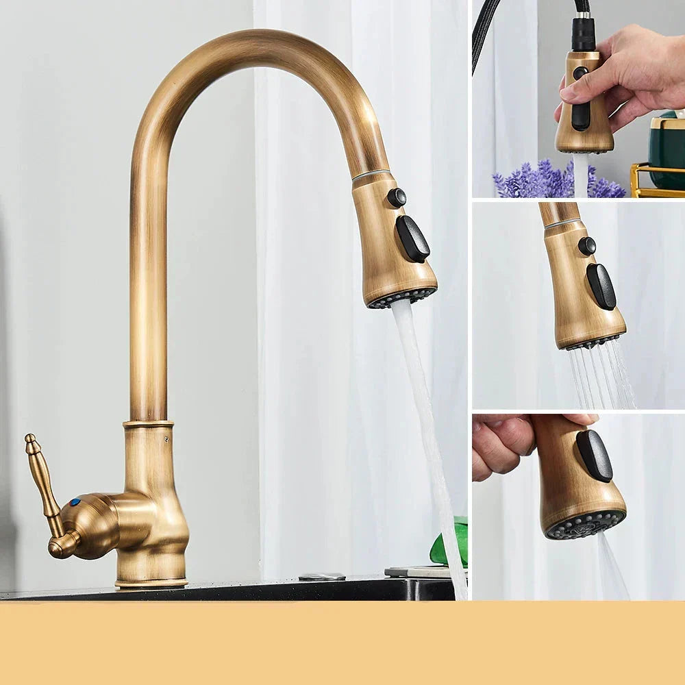 Glevato | VintageTap Antique Brass Kitchen Tap – Retro Style Mixer Faucet with Swivel Spout
