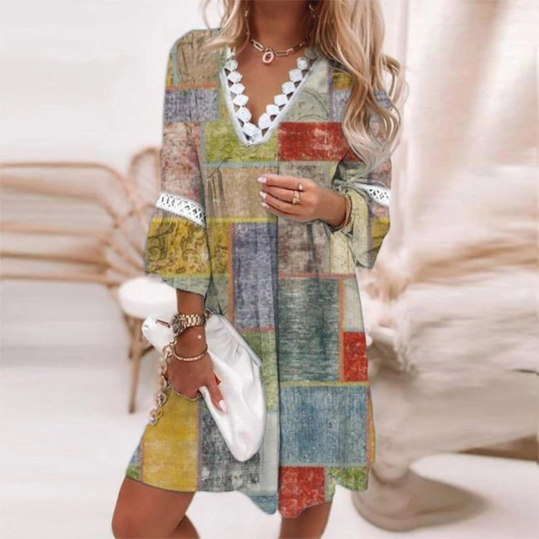 Glevato | Women's Boho V-Neck Mini Dress with Crochet Trim