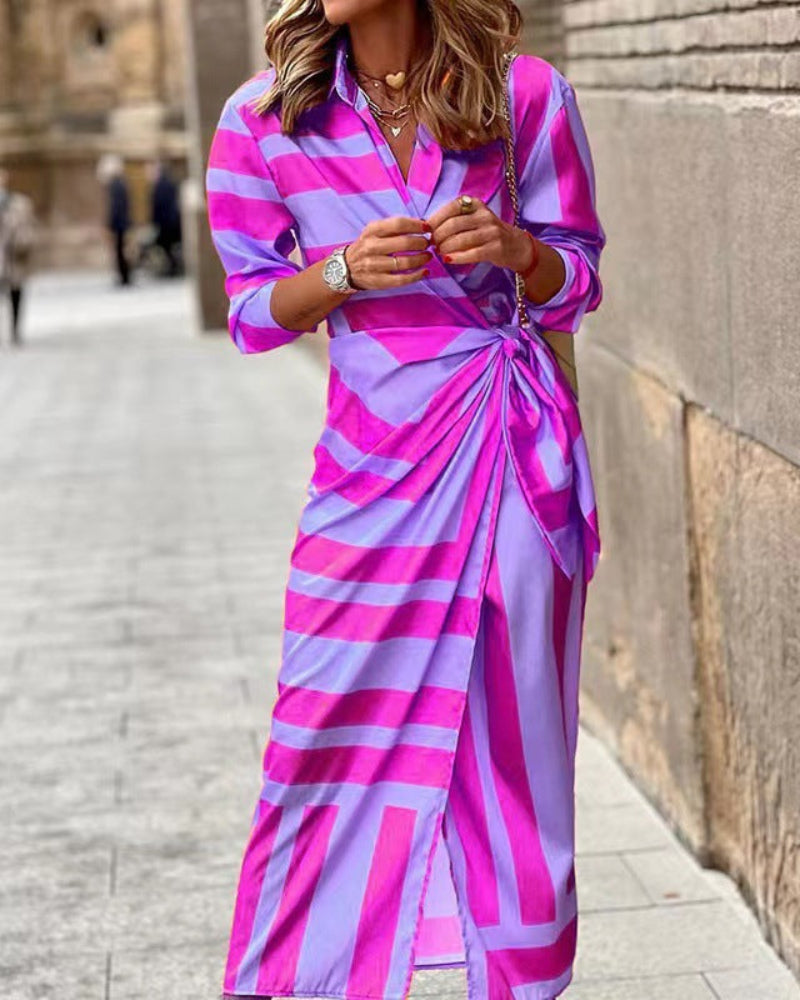 Glevato | Women's Collared Wrap Midi Dress with Tie