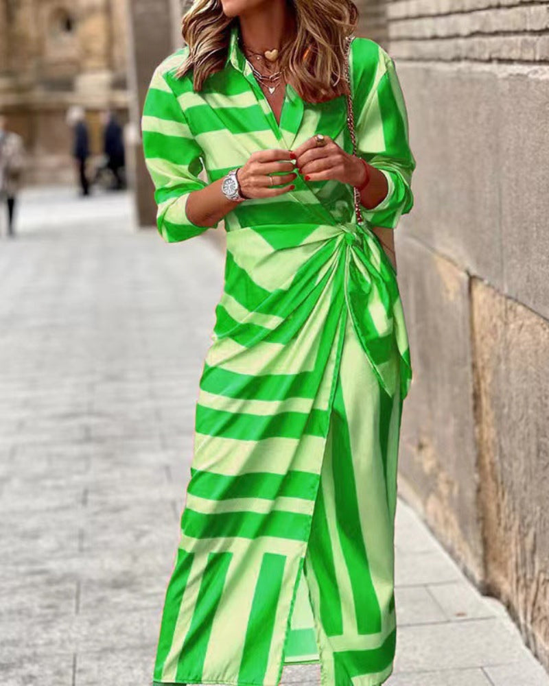 Glevato | Women's Collared Wrap Midi Dress with Tie