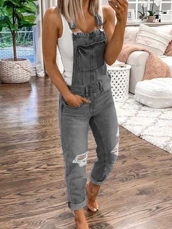 Glevato | Women's Denim Overalls Ripped Ankle Length