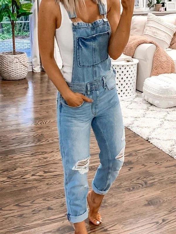 Glevato | Women's Denim Overalls Ripped Ankle Length