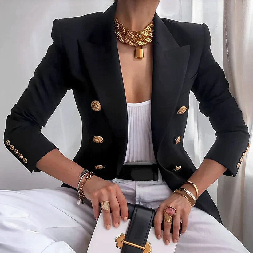 Glevato | Women's Double-Breasted Blazer Gold Button Detail