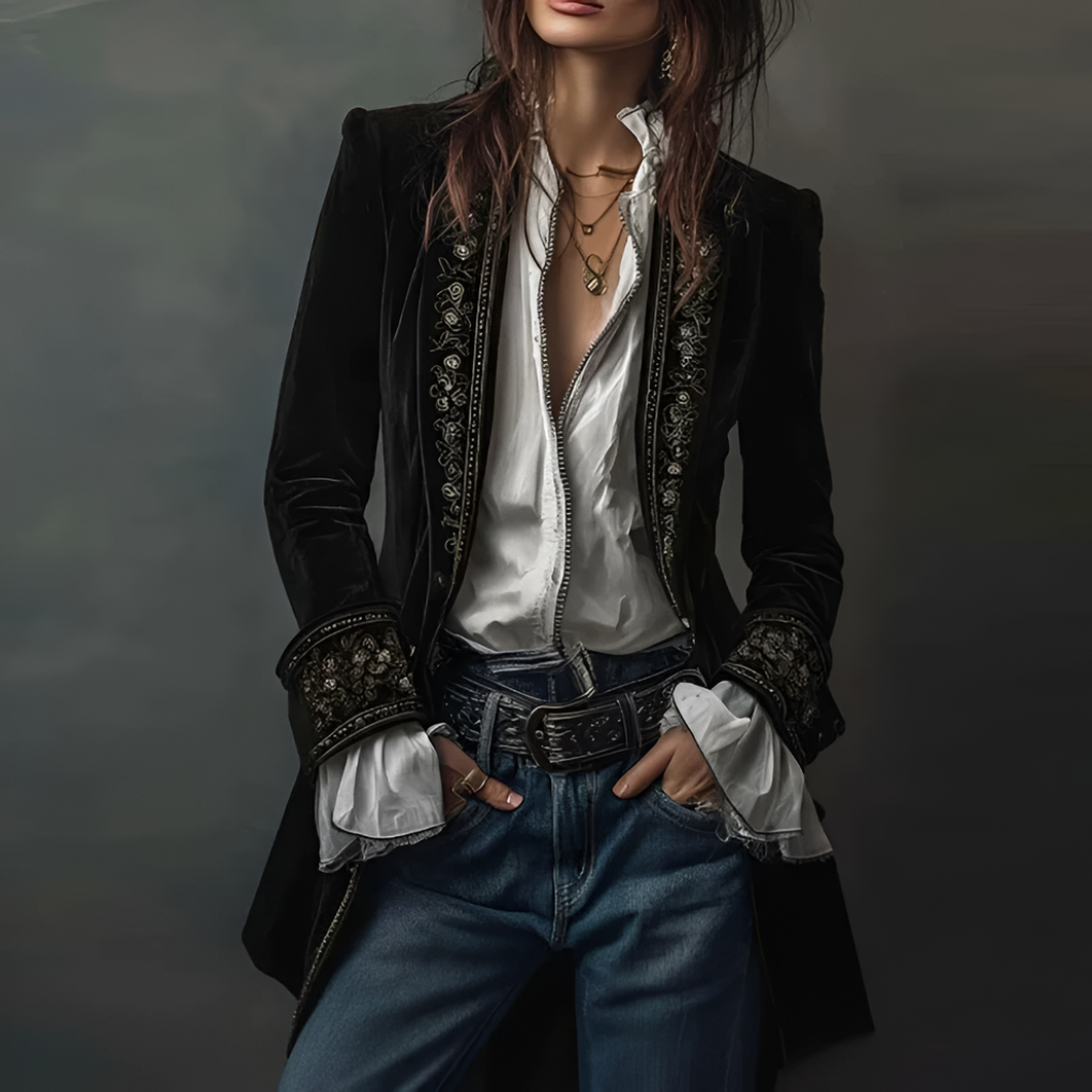 Glevato | Women's Embroidered Velvet Blazer Long Jacket